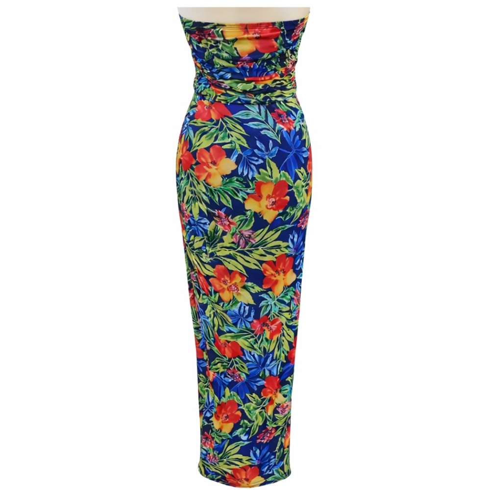 NWT Lilly's Kloset tropical resortwear stretch mesh strapless dress L maxi - Picture 8 of 9